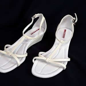 Prada Sandals sz 8 Low Wedge Heel cream beige